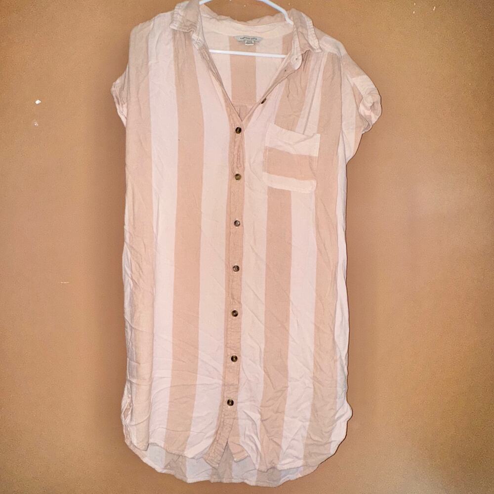American Eagle Outfitters Beige and White Striped Midi Shirt Dress